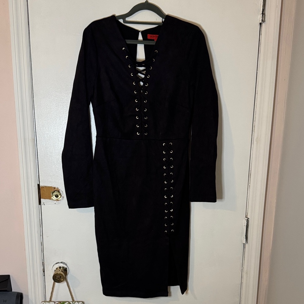 WOW Couture Black faux suede Lace-Up Long Sleeve Dress